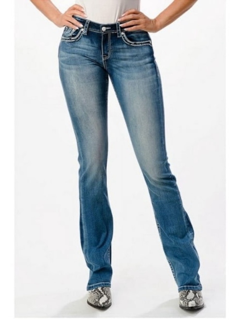 NWT Grace In LA Women's Fleur De Lis Embroidered Pockets Bootcut Stretch Jeans